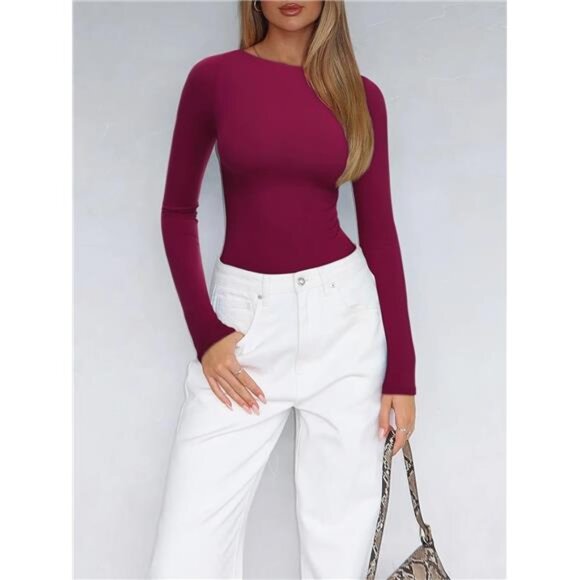 Women's Boat Neck Long Sleeve Bodysuit Burgundy - Picture 4 of 5
